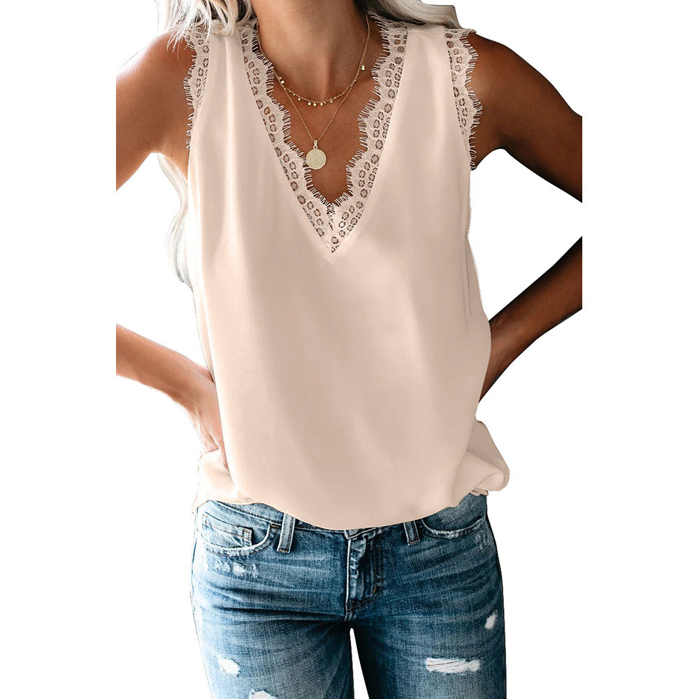 Women's V-Neck Eyelash Lace Sleeveless Loose Top