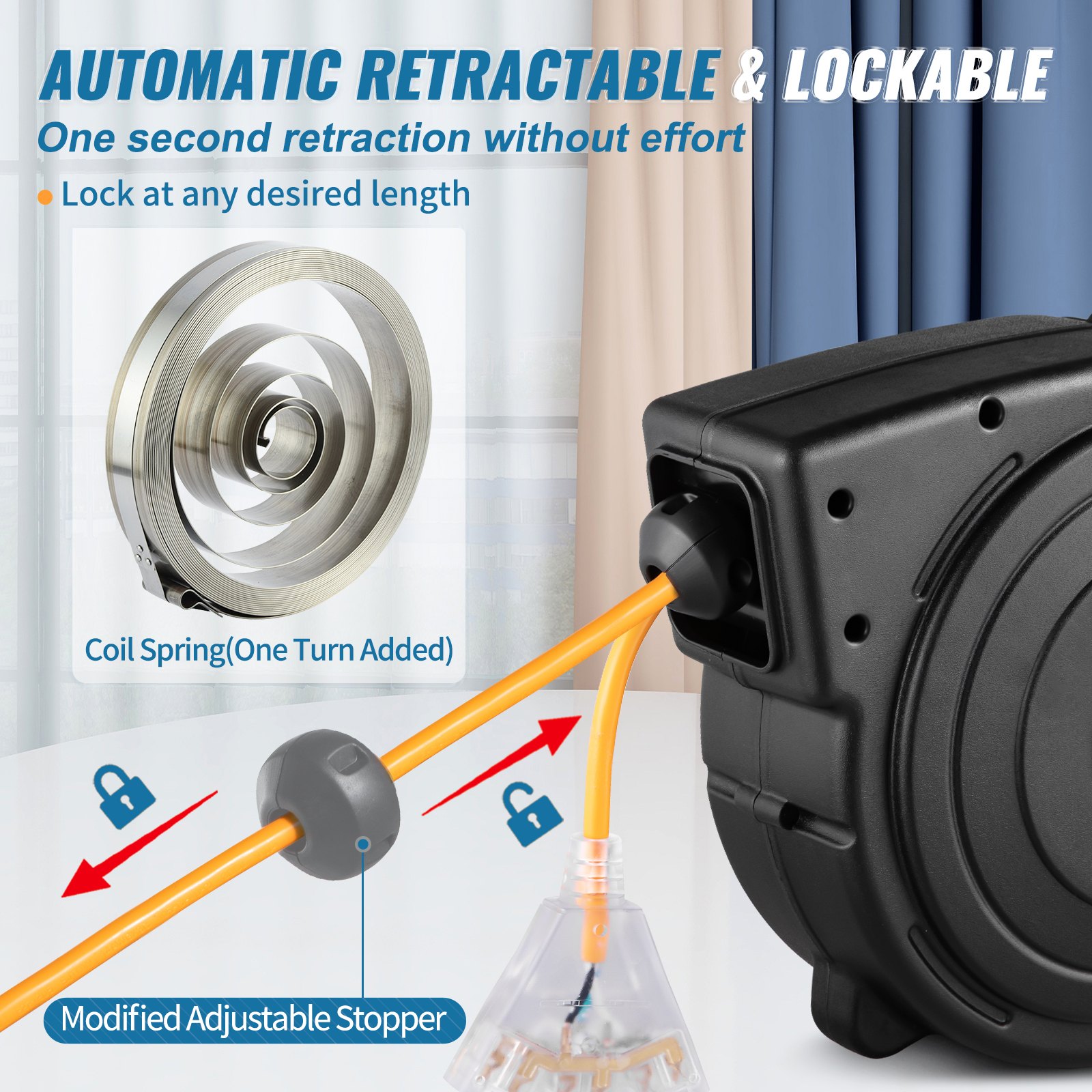 VEVOR 50ft Retractable Extension Cord Reel 14AWG 3CSJTOW Power Cord Reel image 4
