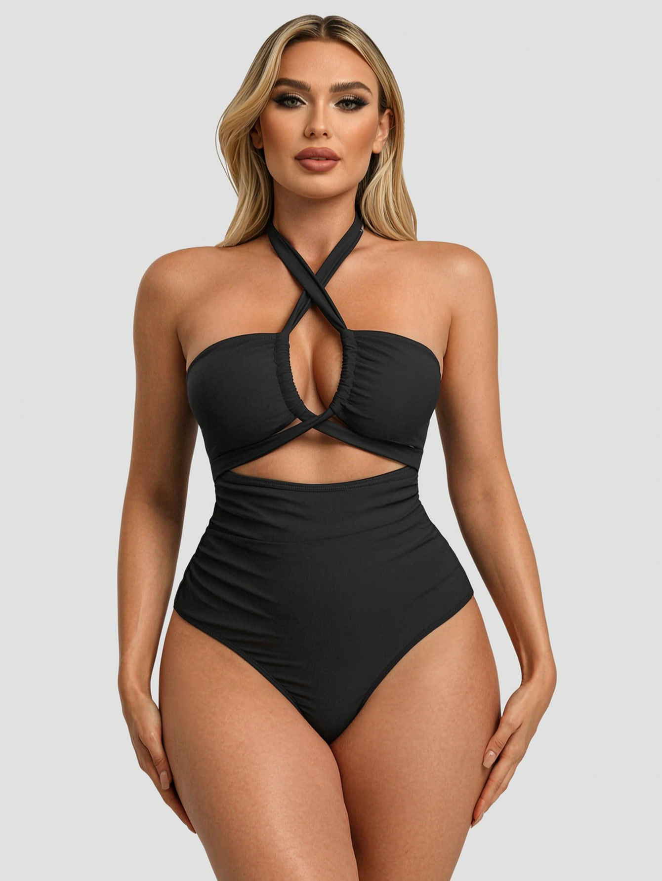 Women's Crisscross Halter Cutout One Piece Swimsuit, Tummy Control High Waist Ruched Bathing Suit — foto 8