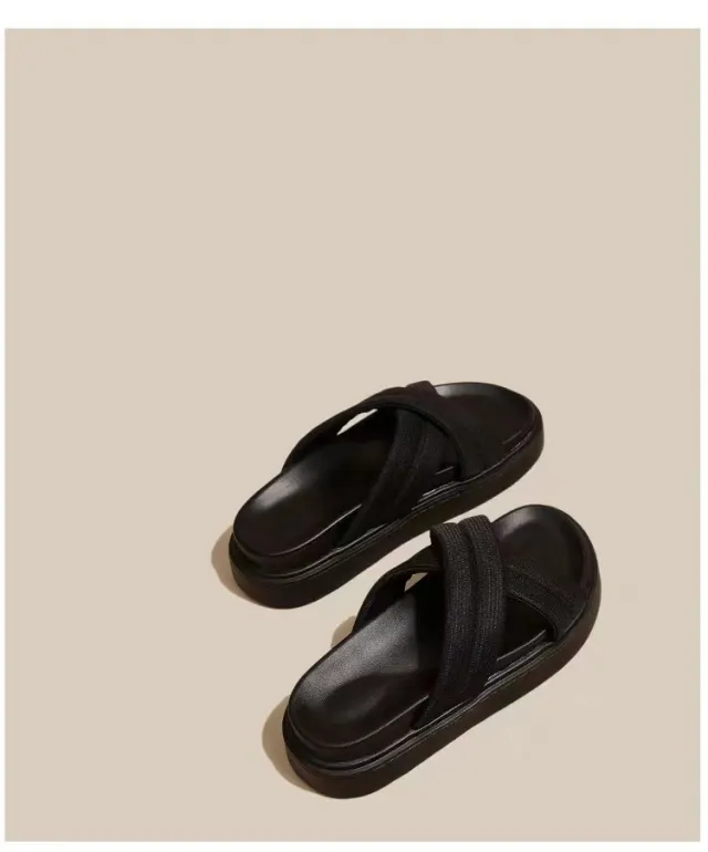 Thick Bottom All matching Weaving Slippers Velcro Surface Muffin Bottom Black - Shop at LoveMi