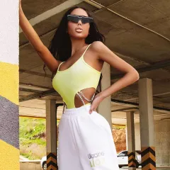 Hollow chest one-piece with suspenders for women - Yellow - View 1