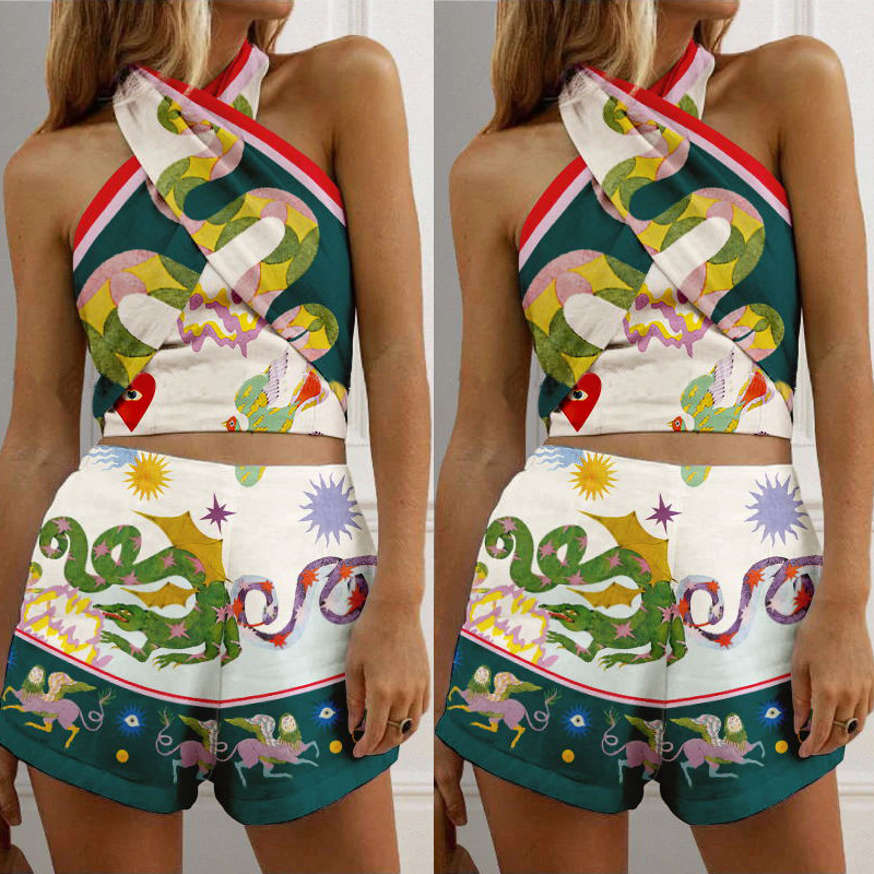 Printed Halter Shorts Casual Suit