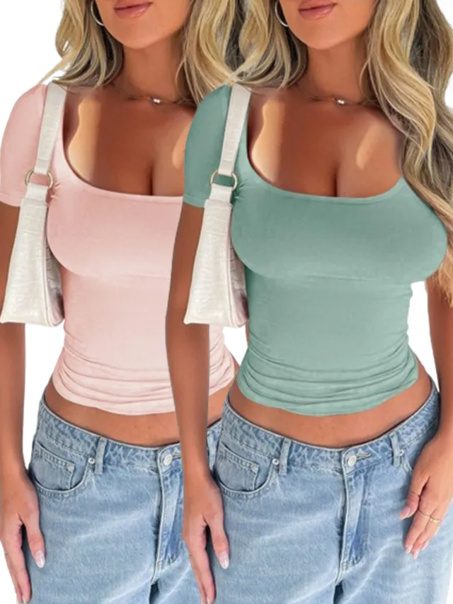 Women's T Shirt Solid Color Y2K Sexy Top Slim Fit Crew Neck Short Sleeves Multicolored - Shop at LoveMi