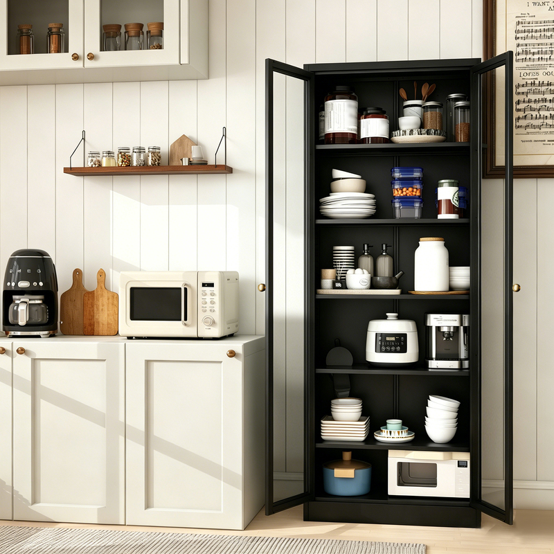 Metal Kitchen Pantry Cabinet - 72in Tall Storage W 5 Adjustable Shelves, Black Freestanding Unit For Kitchen Pantry & Living Room 6