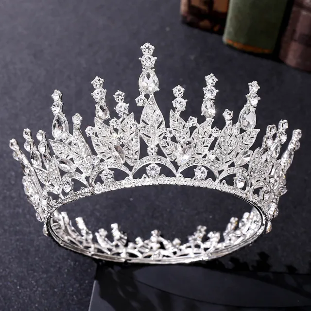 Bride Royal Pink Crystal Crown Headband Wedding Hair Accessories Thick Silver White - Shop at LoveMi