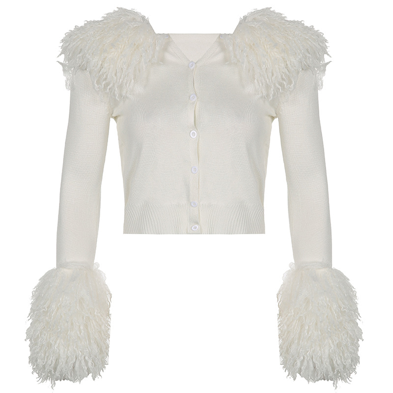 Hot Girl Retro Fur Stitching Knitted Jacket