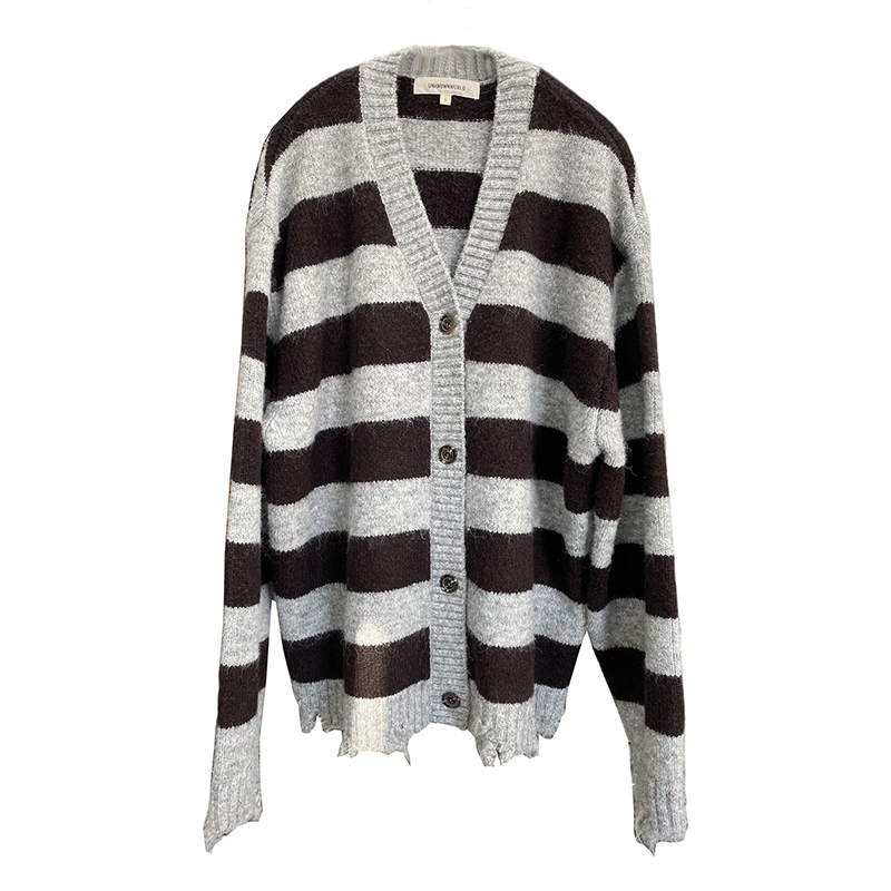 Mohair And Wool-blend Coffee Grey Striped Cardigan Sweater