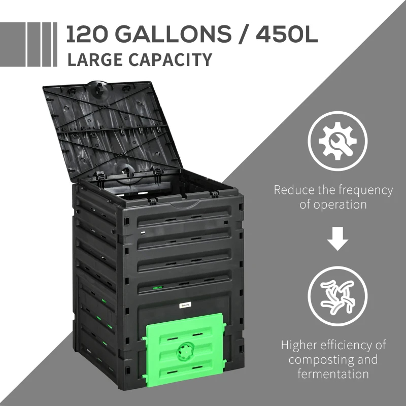 Garden Compost Bin, 120 Gallon 450L Garden Composter, BPA Free, With 80 Vents And 2 Sliding Doors, Lightweight & Sturdy, Fast Creation Of Fertile Soil, Black