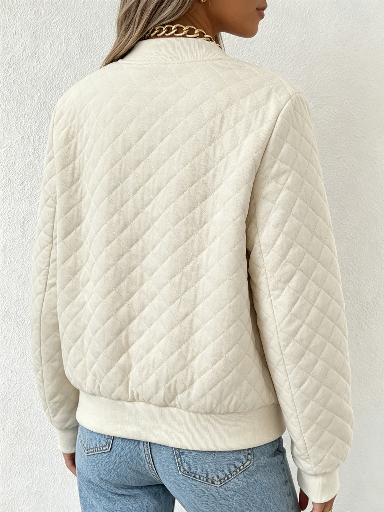 Women Woven Quilted Bomber Jacket Zip Up Stand Collar Lightweight Outerwear 2