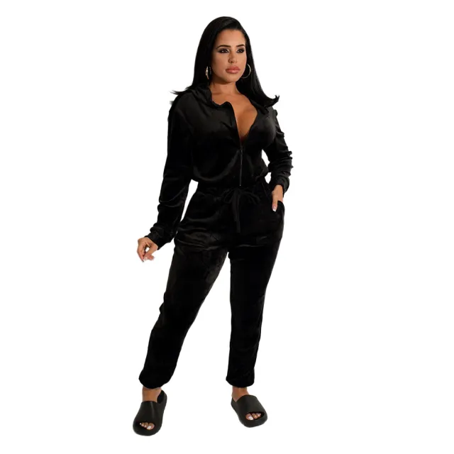 Casual Velvet Long Sleeved Loose Ladies Jumpsuit Black - Shop at LoveMi