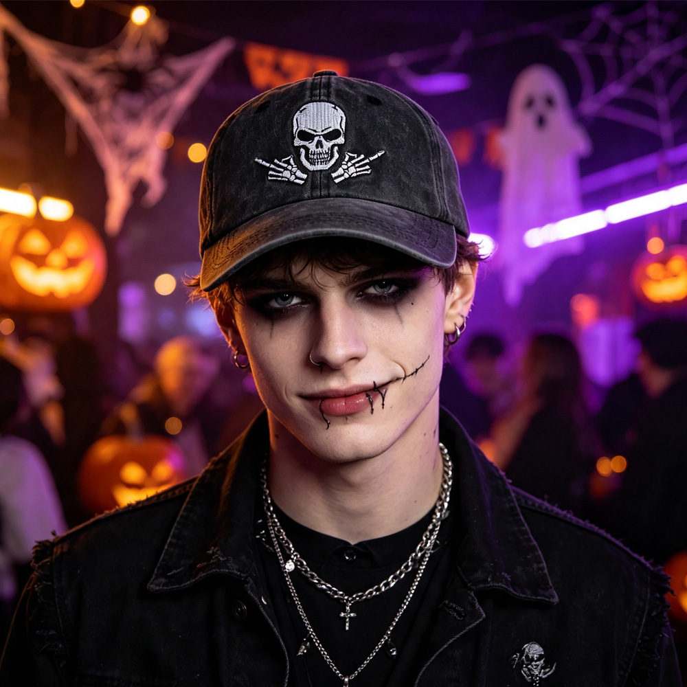 2pcs Washed Black Baseball Cap, Skeleton Middle Finger Embroidery Hat, Halloween Costume Party Accessory For Men Women