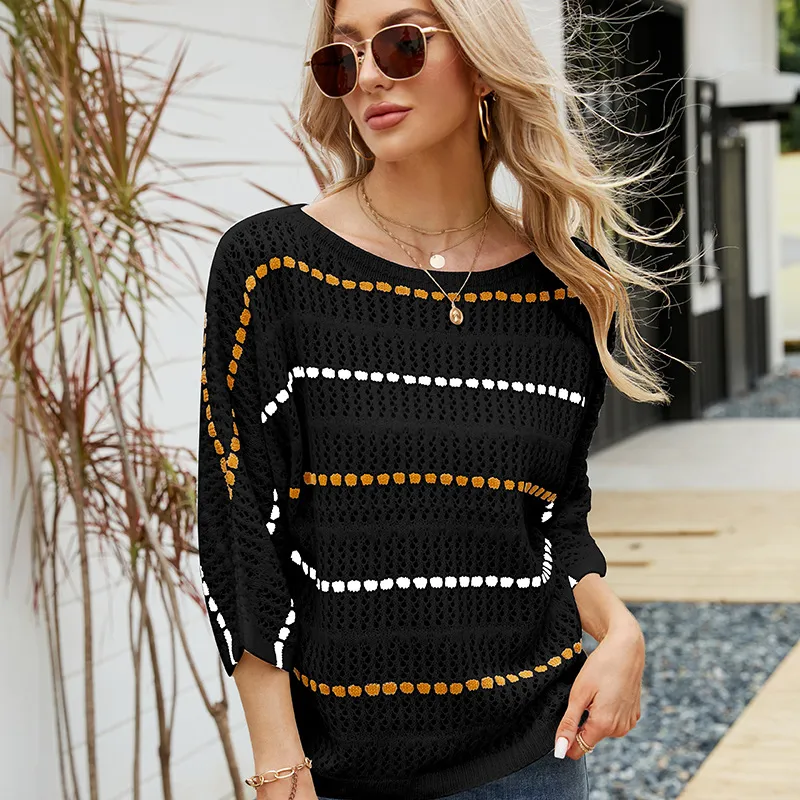 Loose Women's Top Temperament Striped Knitted Sweater - Black