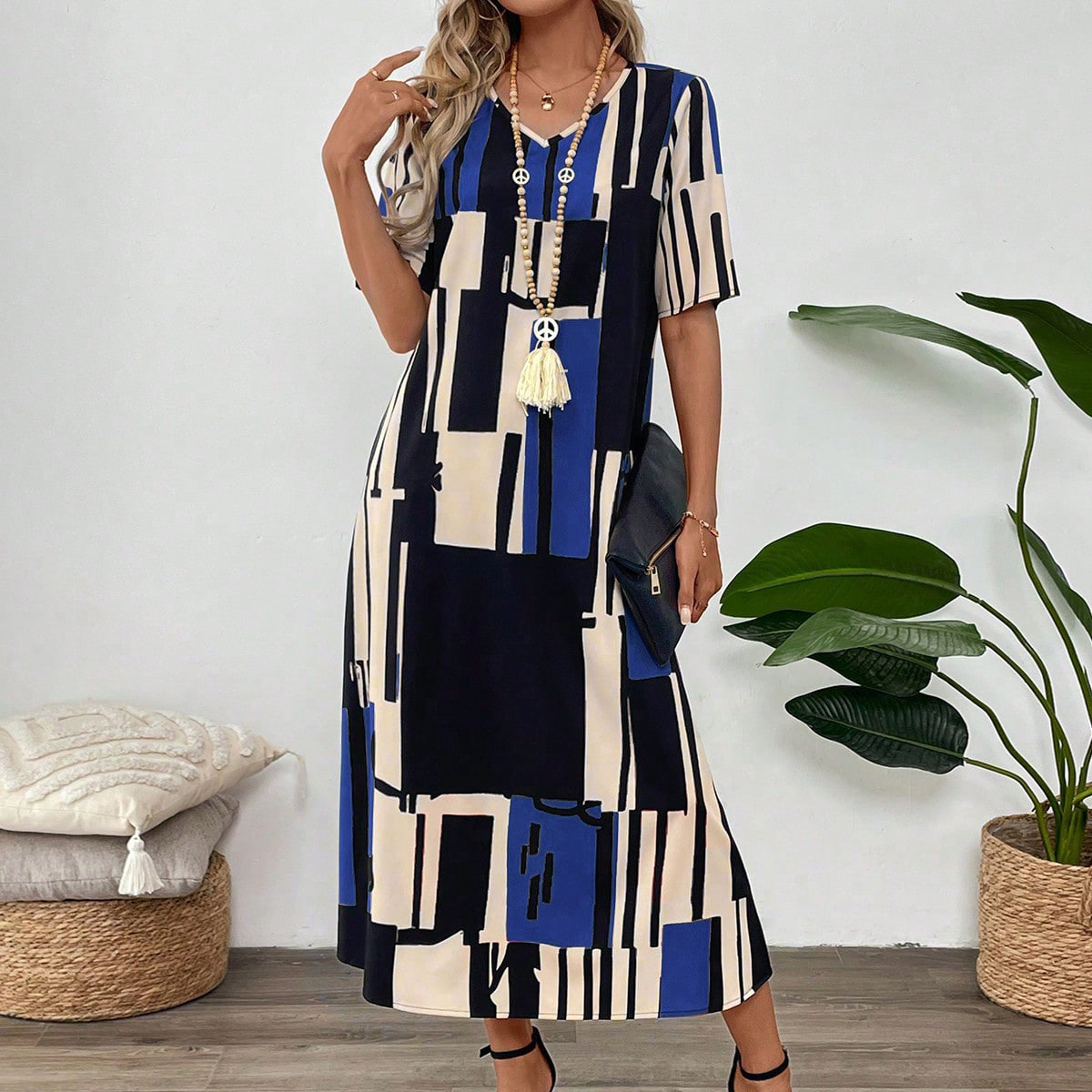 V neck Printed Short Sleeve Loose Dress Blue - Shop at LoveMi