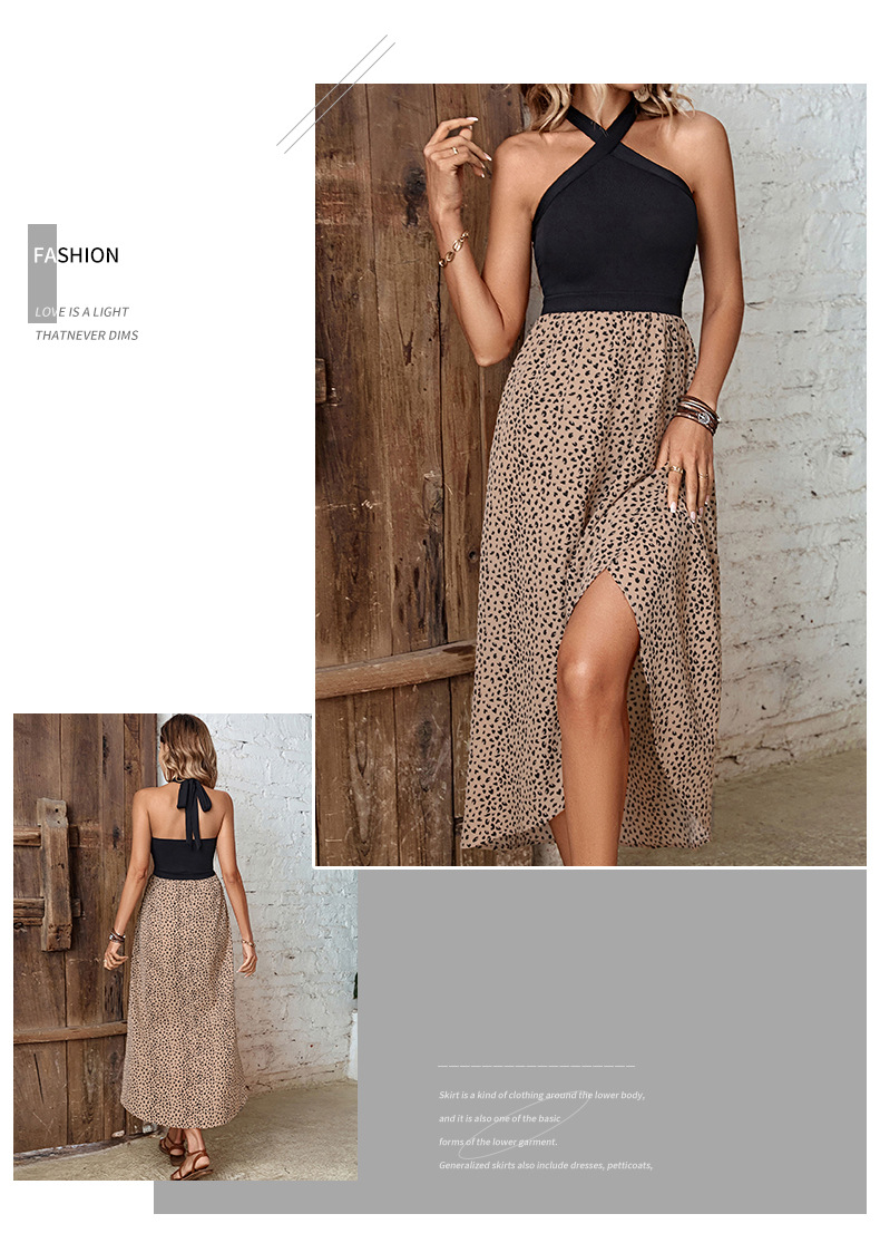 New European And American Summer Women's Leopard Print Halter Irregular Slit Dress