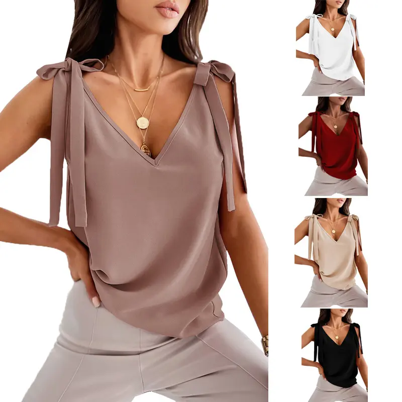 Bowknot Tie Up Camisole V-neck Shirts Women