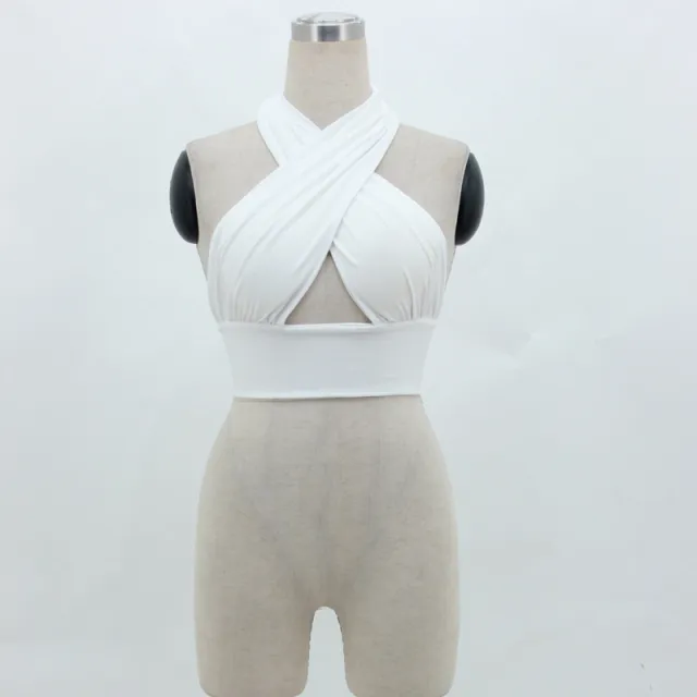 Multipurpose Tank Top Women Halter Neck Backless Strap Short Camisoles Solid Versatile White - Shop at LoveMi