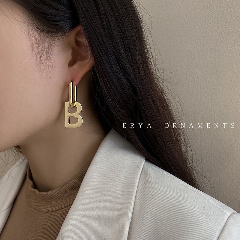 B Letter Earrings Female Niche 925 Silver Needle