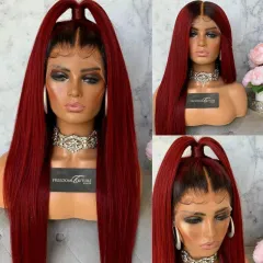 Burgundy Trellis With Long Straight Hair Chemical Fiber Headgear - Wine Red - View 1