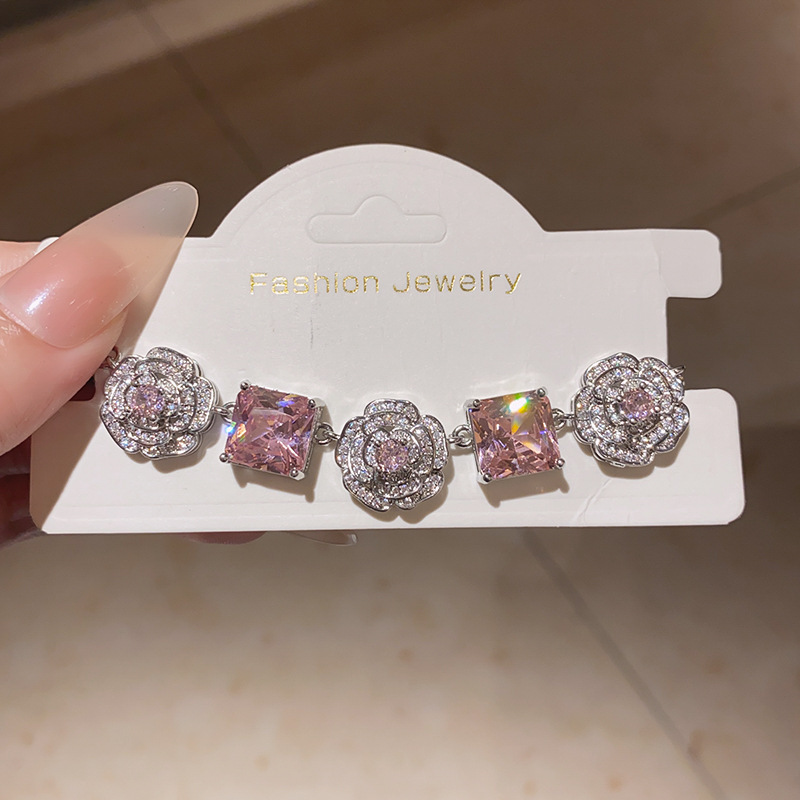 Floral Cluster Princess Rose Zircon Ring Earrings Necklace Set Luxury Elegant Jewelry 5