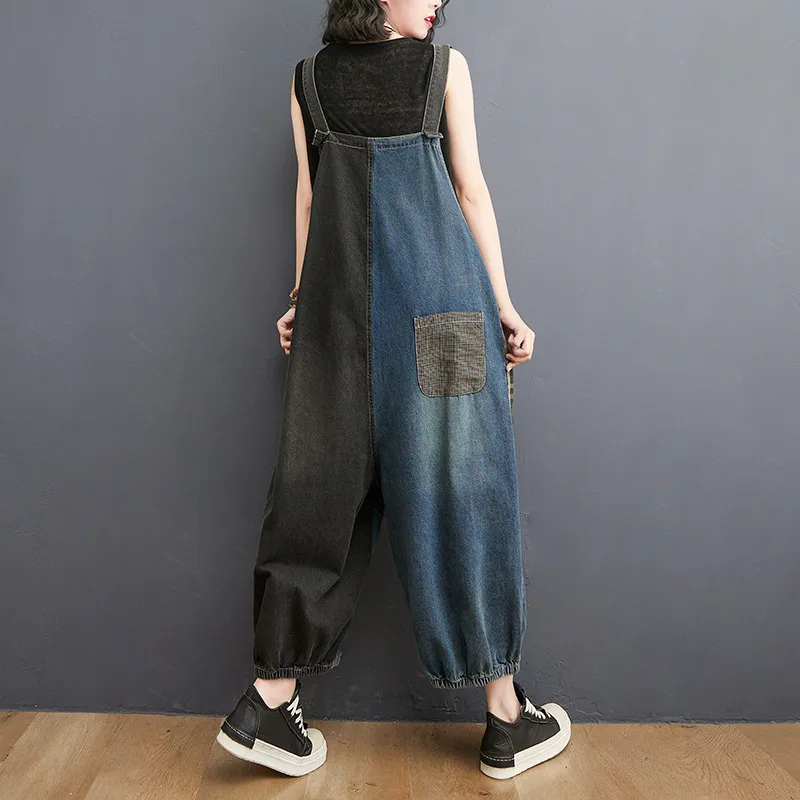 Women's Loose High Waist Plus Size Denim Overalls - Blue