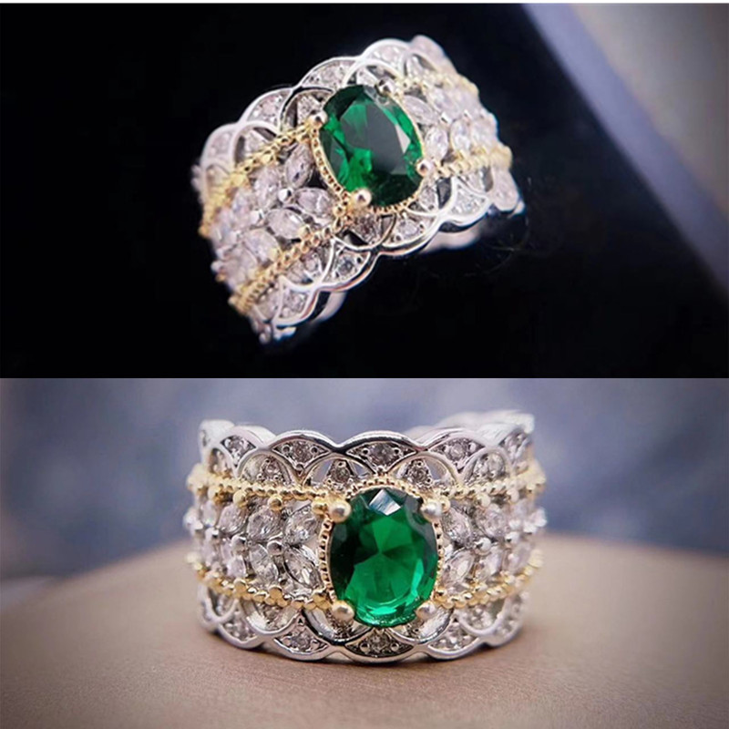 Emerald Pigeon Egg Zircon Open Ring, Vintage Hollow Double Gold Plated Style Light Luxury... thumbnail 1