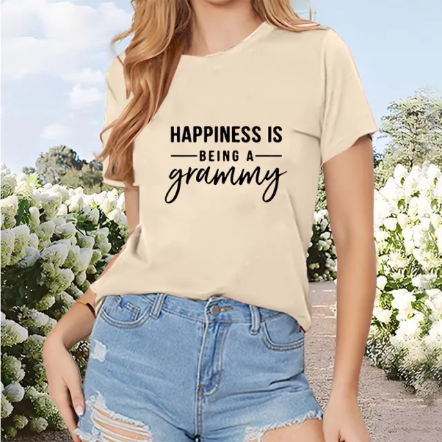 Women's Round Neck Short Sleeve T Shirt 'HAPPINESS IS BEING A GRAMMY' Print, Casual Summer Tee Apricot - Shop at LoveMi