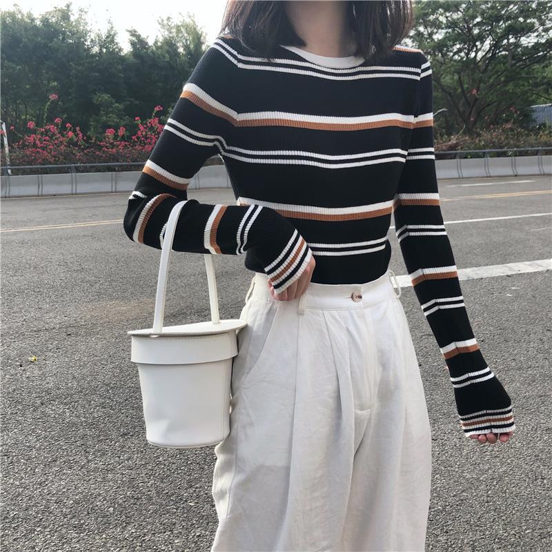 Autumn New Women's Slim-fit Striped Knitted Bottoming Shirt