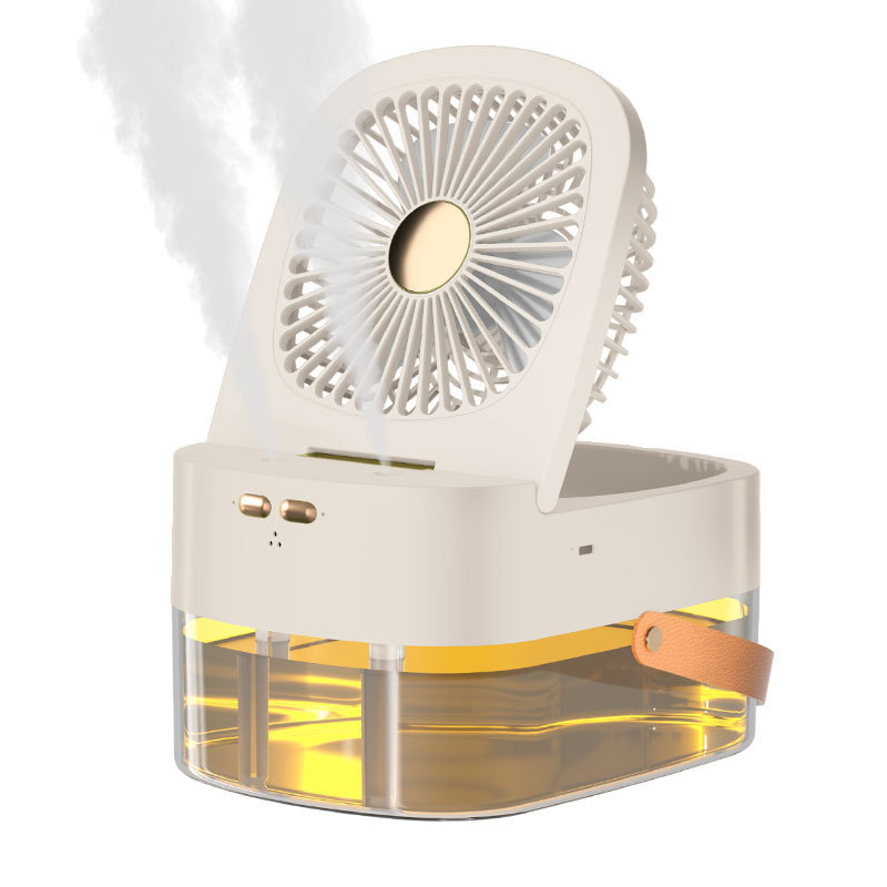 Green White USB Fan 3 Speed Rechargeable & Plug-in Foldable Fan With Humidification Spray Night Light Remote Control Timer