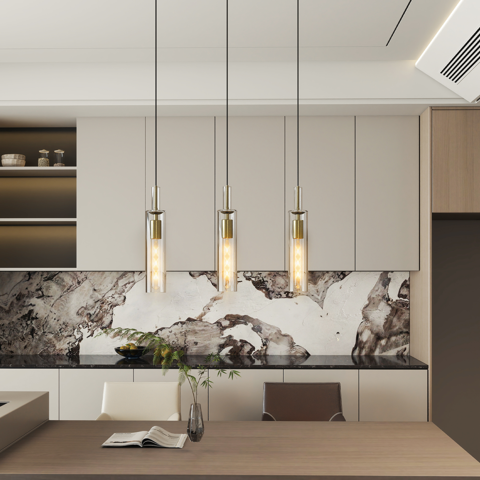 Gold Pendant Light Fixtures, 3 Pack Modern Pendant Lighting With Clear Striped Glass Shade, Hanging Pendant Lights Kitchen Island, Farmhouse Pendant Lighting For Dining Room Bedroom Bathroom