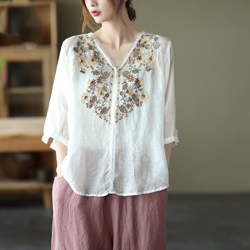 Title 4, V-Neck Lace Trim Embroidered Short Sleeve Shirt...