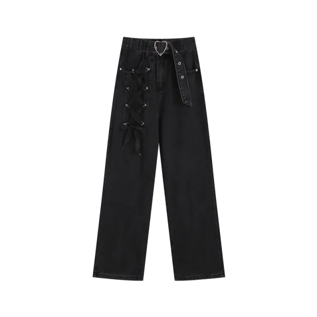 Love Jeans Women's Summer Straight Loose Loose Strap Design Niche Wide leg Trousers Black - Shop at LoveMi