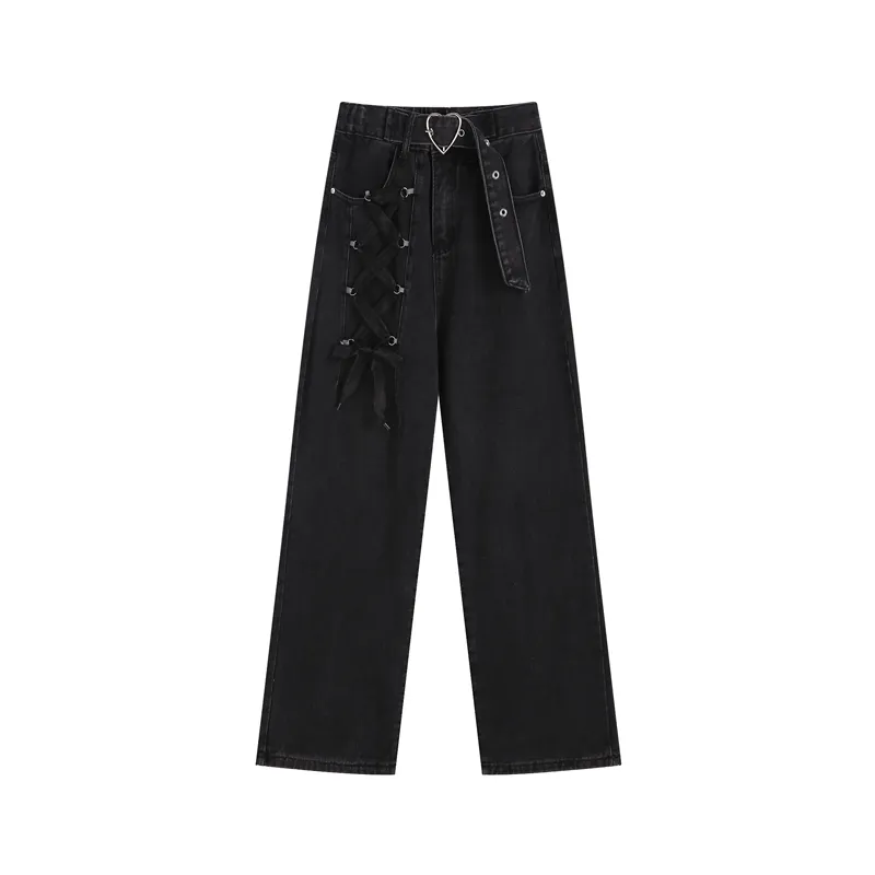 Love Jeans Women's Summer Straight Loose Loose Strap Design Niche Wide-leg Trousers - Black