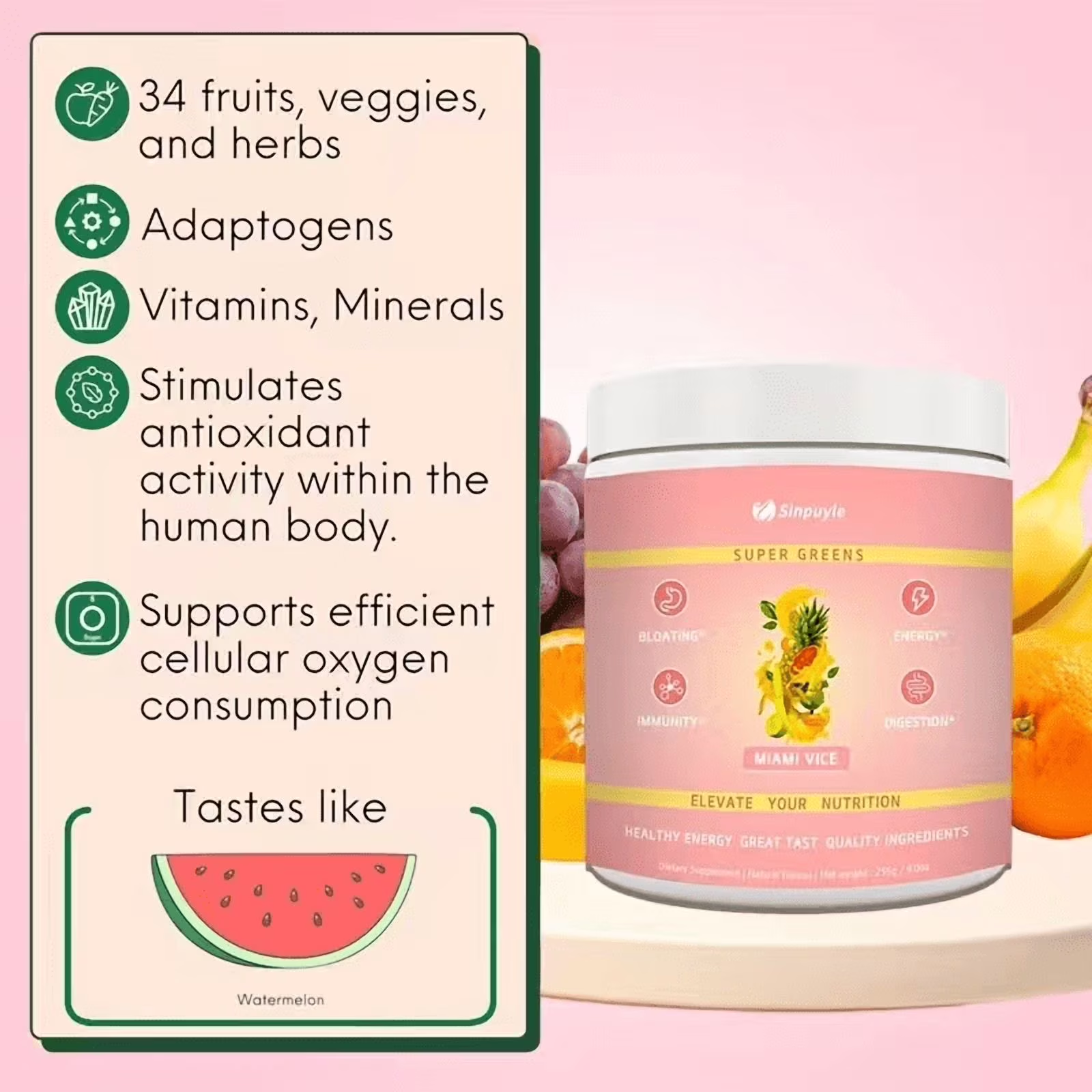 Super Greens Powder Miami Vice Flavor 255g Natural Daily Greens Supplement Supports Energy Digestion Immunity Bloating Relief — view 2