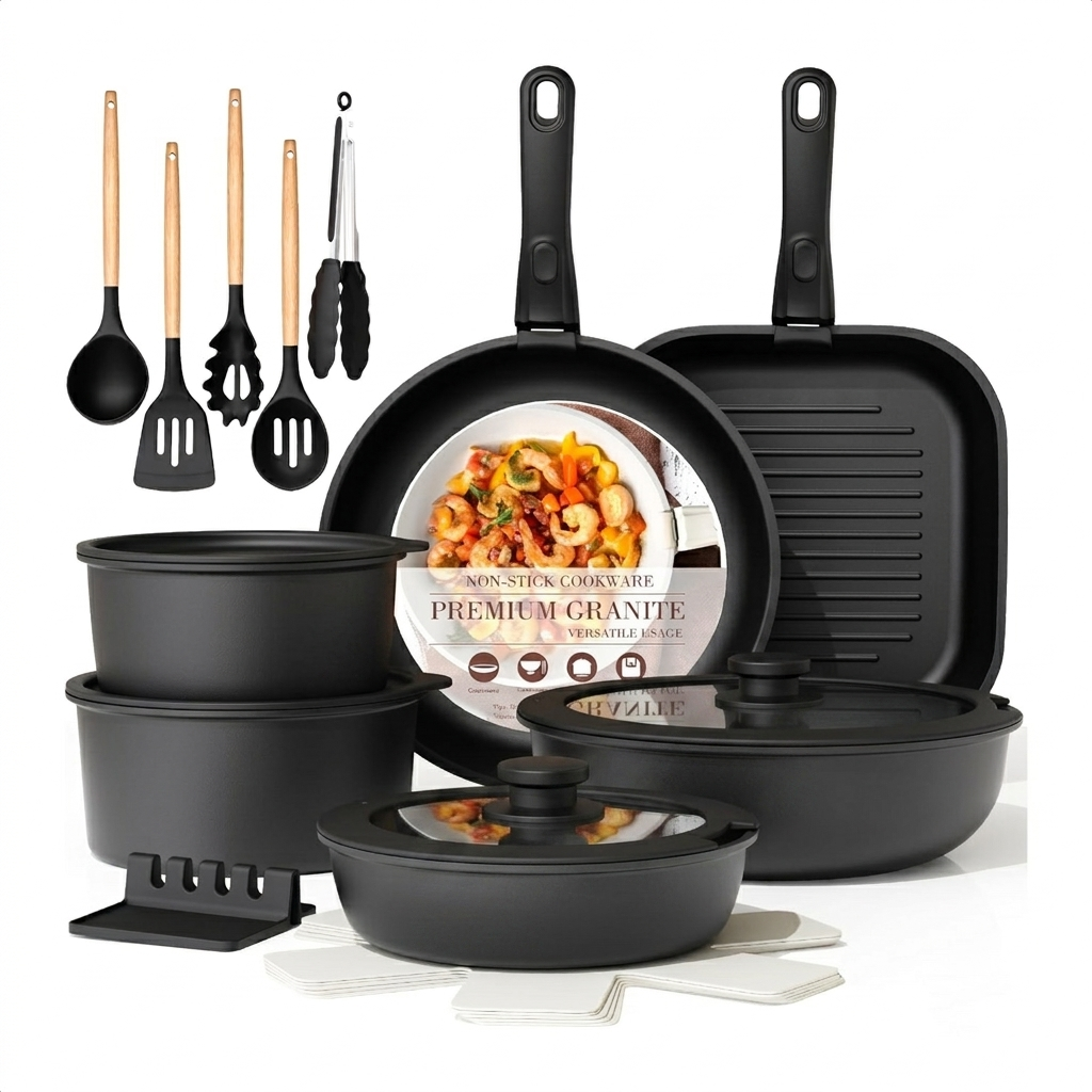 21 &23 Pcs Pots And Pans Set Non Stick, No-stick Cookware Set Detachable Handle, Kitchen Cooking Set Removable Handles, Oven Safe, Induction Ready, Stackable, Cream