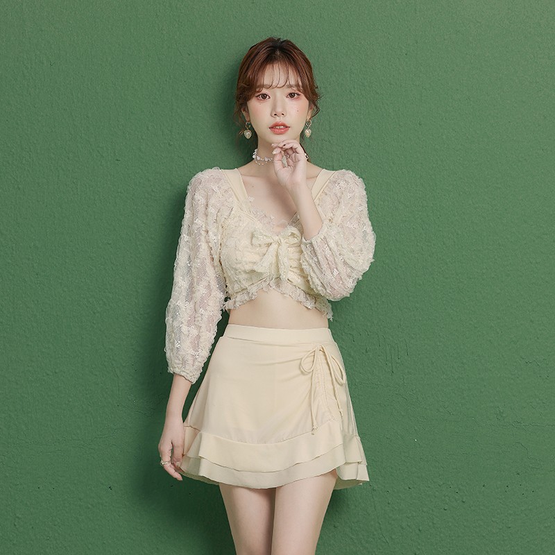 Women Conservative Women's Hot Spring Small Chest Gathered Long-sleeved Bikini Split Skirt Swimsuit