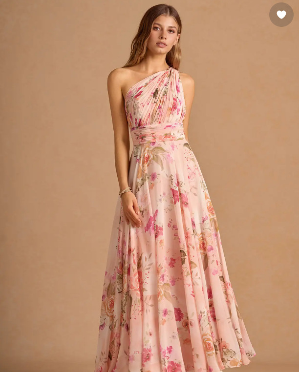 One-Shoulder Floral Print Waisted Maxi