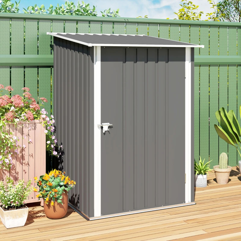 Lean-to Garden Storage Shed, Galvanized Steel Tool House With Lockable Door For Patio, Gray