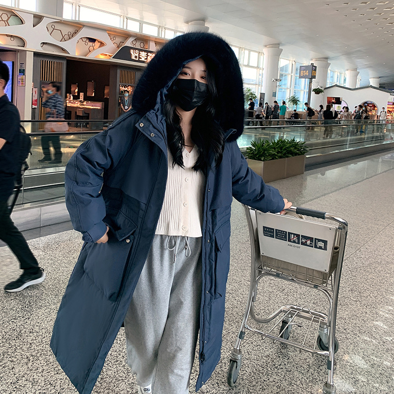 Winter Women's Mid length Down Jacket With Large Fur Collar Navy - Shop at LoveMi