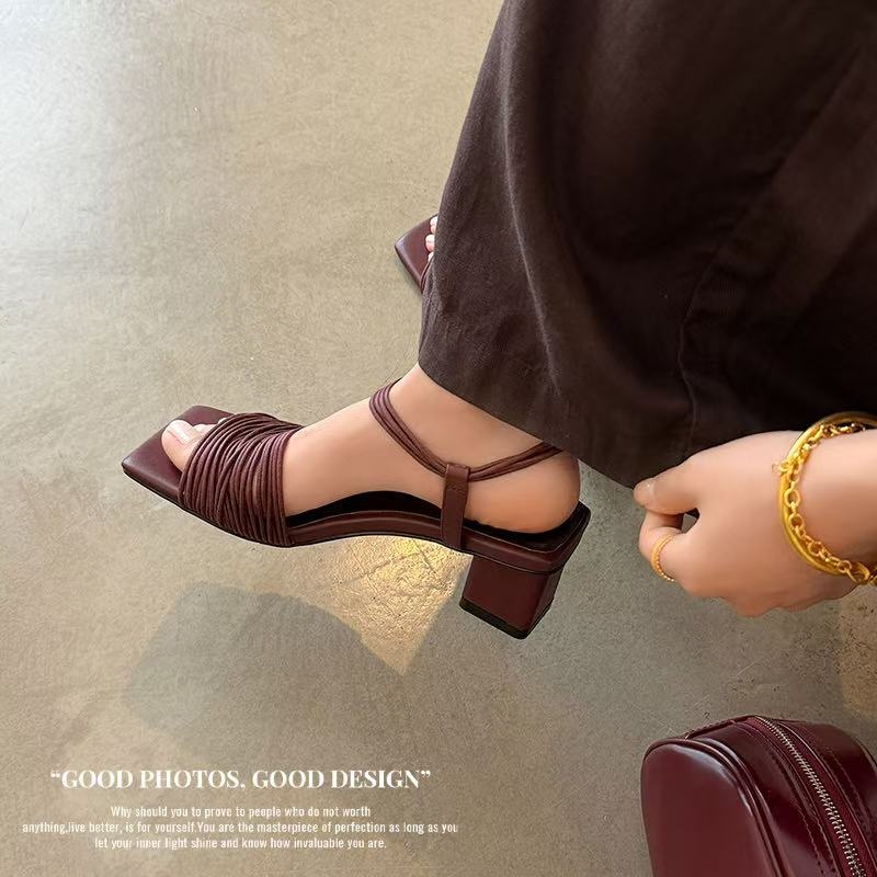 Women's Handmade Multi-Strap Leather Block Heel Sandals, Square-Toe Ankle Wrap Mid-Heel Shoes With Pigskin Lining