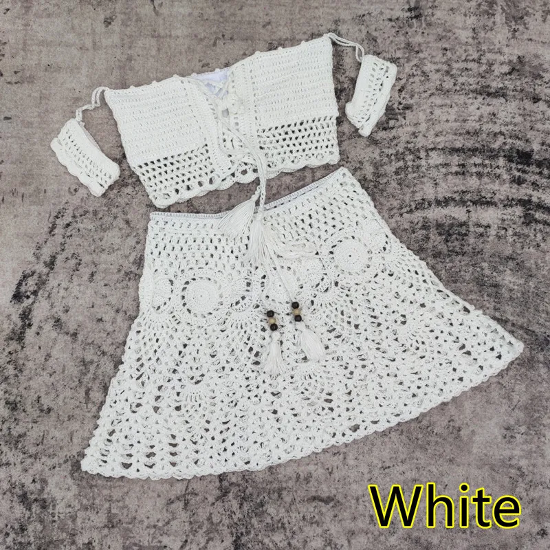 Hand-crocheted Bikini Top Mini Skirt - White