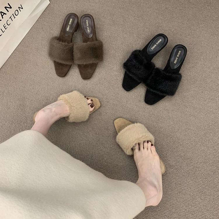 Coarse Heel French Temperament Coarse Heel Hairy Slippers Women's Shoes