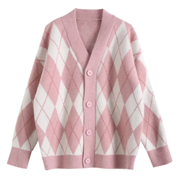 Retro Lazy Loose Rhombus Mid Length Jacket Pink - Shop at LoveMi