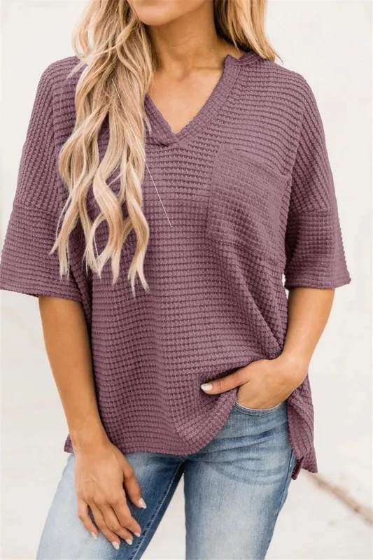 Summer Short sleeved V neck Pocket Split Loose Knit Top Purple - Shop at LoveMi