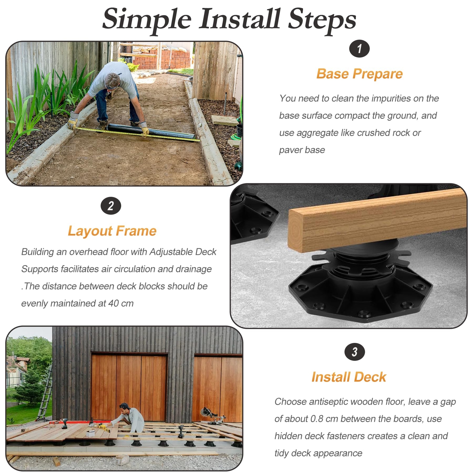 Pack Of 10 Adjustable Decking Pedestal Riser Foot Bearing Support 30mm-60mm