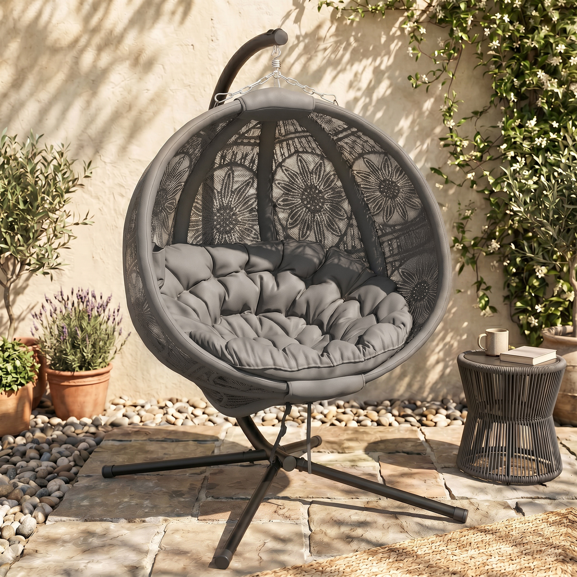 Round Egg Basket Chair With Steel Bracket, Charcoal Gray — image 6