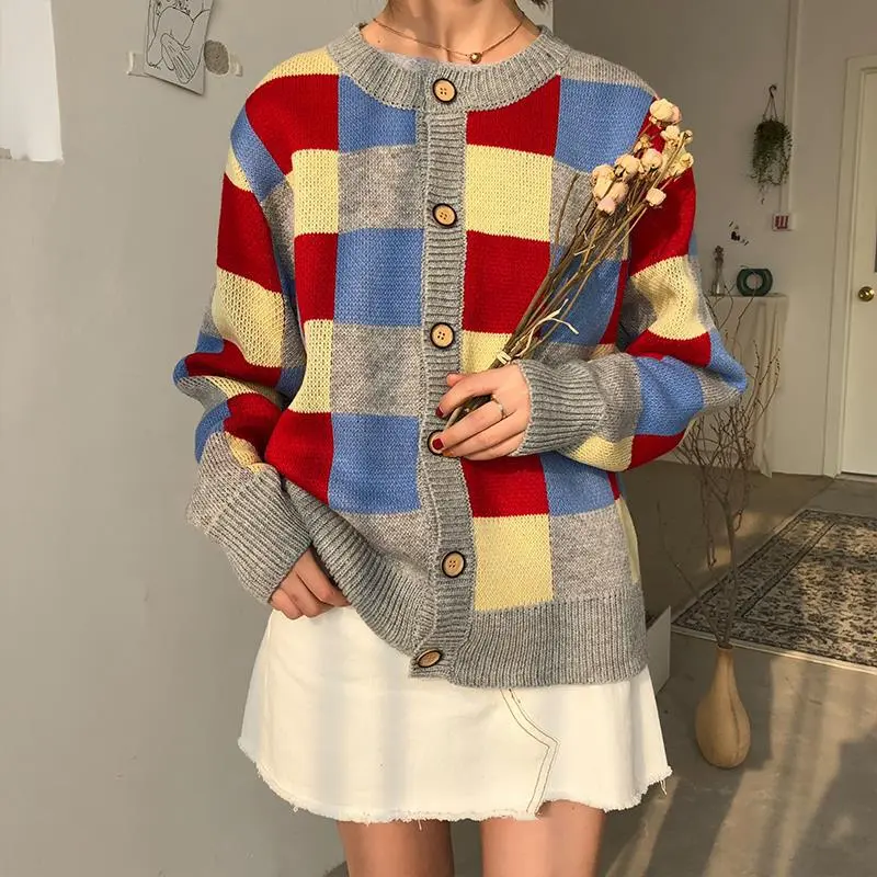 Autumn New Round Neck Plaid Cardigan Sweater Top - Grey