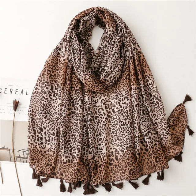 Fashion Large Leopard print Personality Voile Silk Scarf Coffee Color Gradient Handmade Tassel Sun proof Leopard Print Scarf - Shop at LoveMi