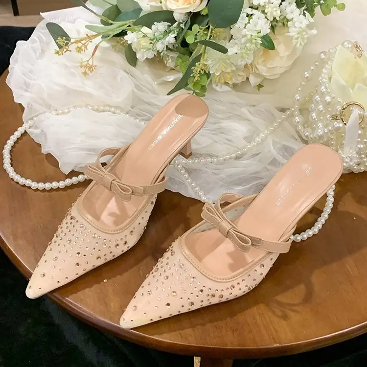 Women Pointed Toe Rhinestone Mules Kitten Heel