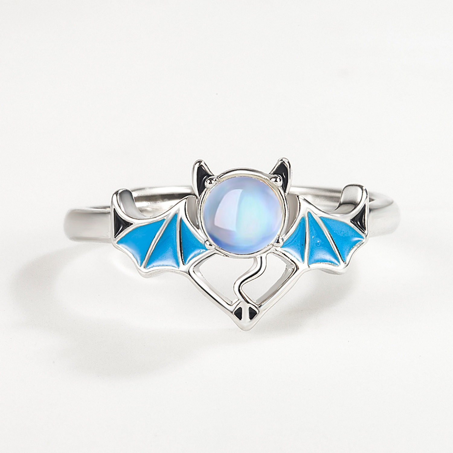 Title 3, Silver Blue Moonlight Stone Angel Demon Ring