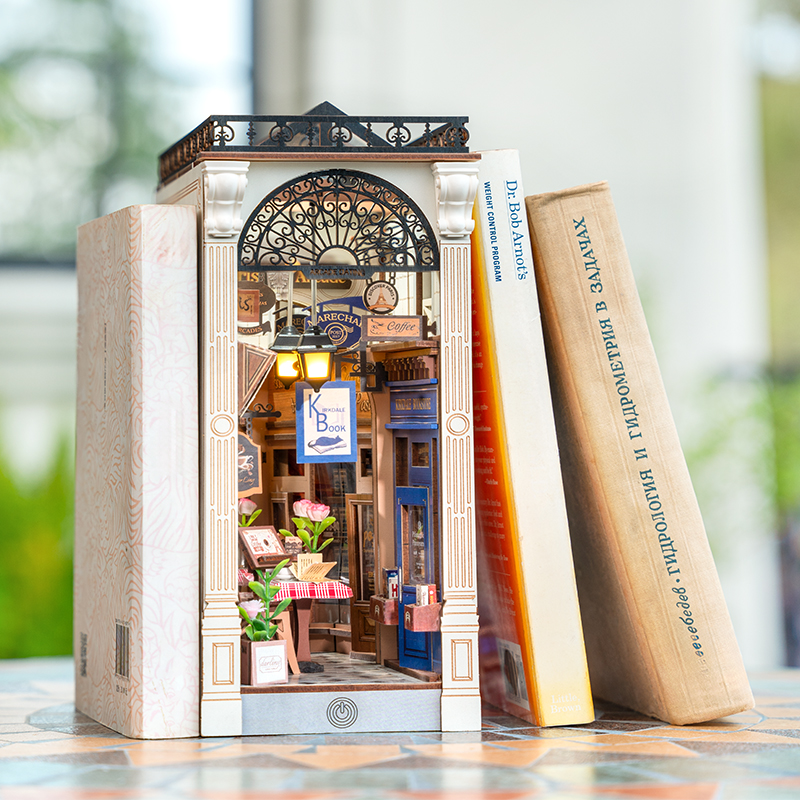 ROBOTIME DIY Book Nook Kit - Arcade Dating Scene With Dust Cover, 3D Wooden Miniature Dollhouse Puzzle, Creative Bookend Bookshelf Decor, Unique Gift For Adults